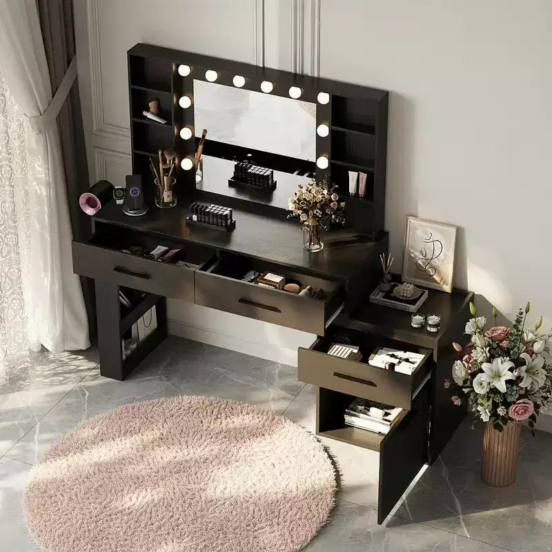 Coiffeuse convertible Ora Maison 57, Grande table de maquillage avec miroir LED 3 couleurs, Hub d'alimentation et grand espace de rangement pour chambre à coucher