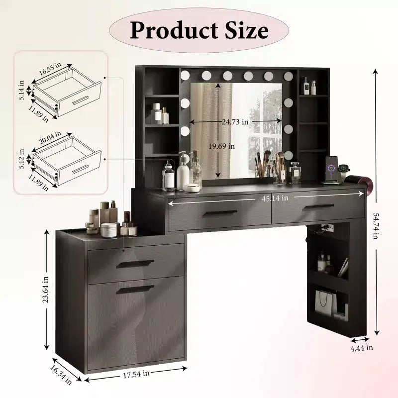 Coiffeuse convertible Ora Maison 57, Grande table de maquillage avec miroir LED 3 couleurs, Hub d'alimentation et grand espace de rangement pour chambre à coucher
