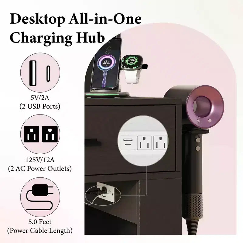 Coiffeuse convertible Ora Maison 57, Grande table de maquillage avec miroir LED 3 couleurs, Hub d'alimentation et grand espace de rangement pour chambre à coucher