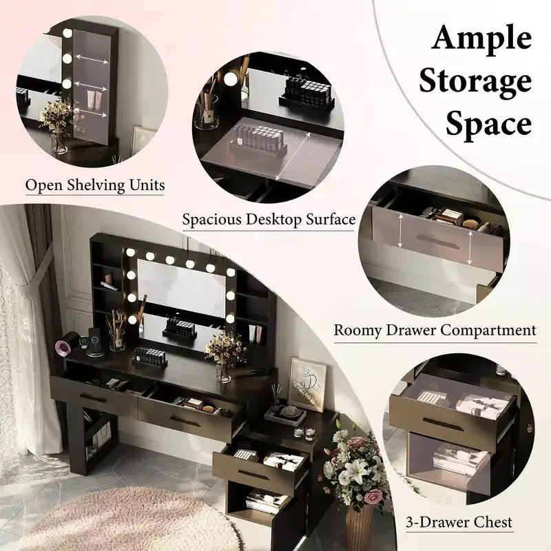 Coiffeuse convertible Ora Maison 57, Grande table de maquillage avec miroir LED 3 couleurs, Hub d'alimentation et grand espace de rangement pour chambre à coucher