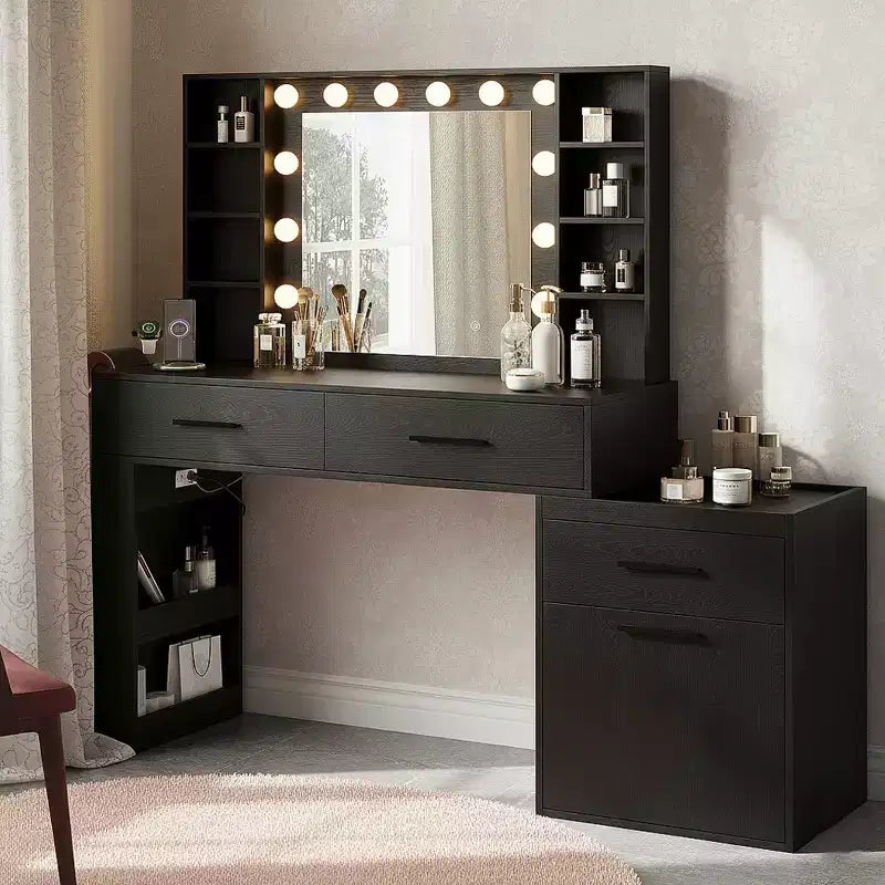 Coiffeuse convertible Ora Maison 57, Grande table de maquillage avec miroir LED 3 couleurs, Hub d'alimentation et grand espace de rangement pour chambre à coucher