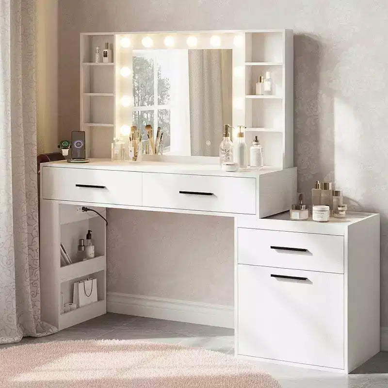Coiffeuse convertible Ora Maison 57, Grande table de maquillage avec miroir LED 3 couleurs, Hub d'alimentation et grand espace de rangement pour chambre à coucher