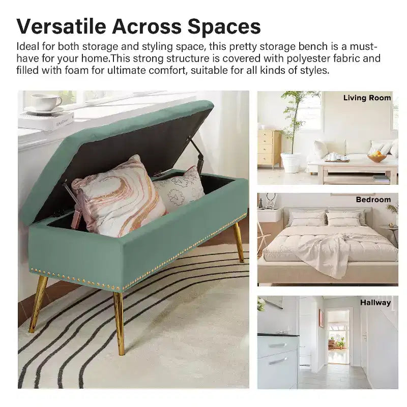 Banc de rangement Hippolytus avec garniture cloutée et capitonnage pour chambre à coucher | ART OF LIVING DESIGNS-NOIR