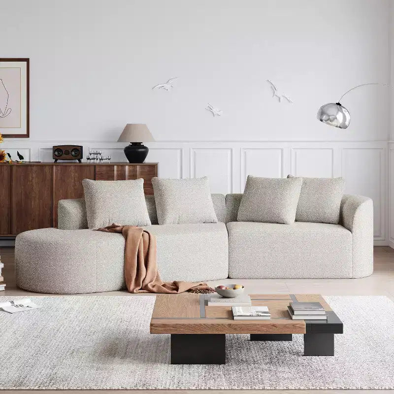 112-Inch khaki Chenille 4-Seater Extra Deep Wide Seat Curved Cloud Couch with 4 Throw Pillows for Living Room