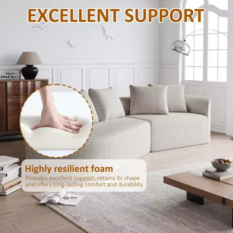 Canapé incurvé nuage 4 places extra profond avec assise large de 284 cm en chenille kaki avec 4 coussins pour salon