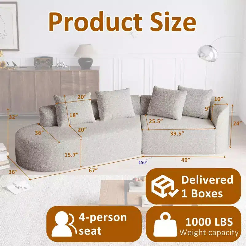 Canapé incurvé nuage 4 places extra profond avec assise large de 284 cm en chenille kaki avec 4 coussins pour salon