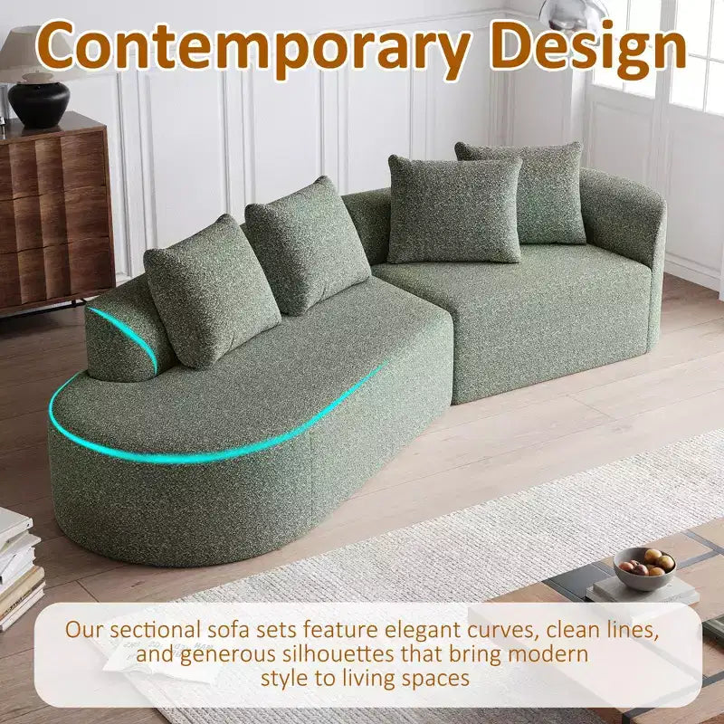 Canapé incurvé nuage 4 places extra profond avec assise large de 284 cm en chenille kaki avec 4 coussins pour salon