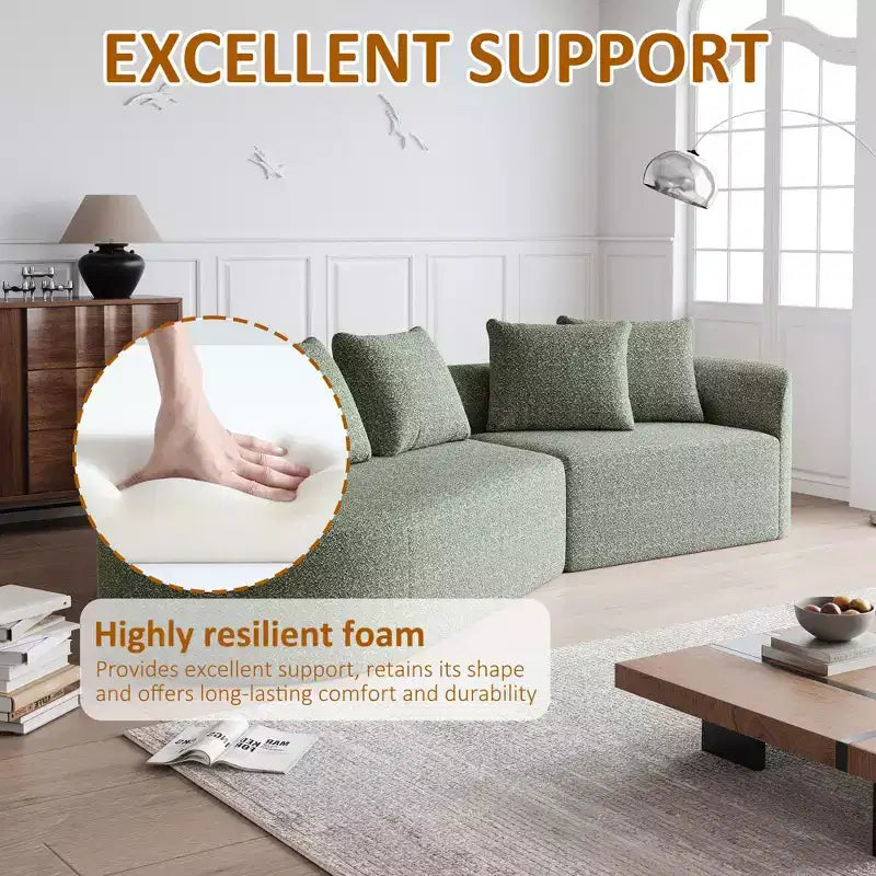 Canapé incurvé nuage 4 places extra profond avec assise large de 284 cm en chenille kaki avec 4 coussins pour salon