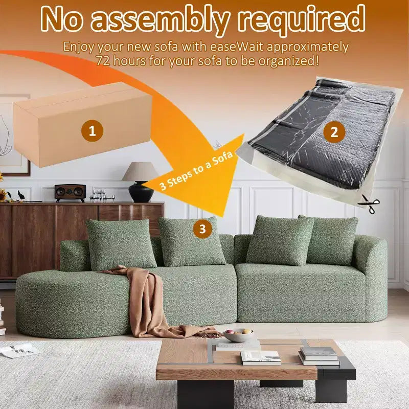Canapé incurvé nuage 4 places extra profond avec assise large de 284 cm en chenille kaki avec 4 coussins pour salon