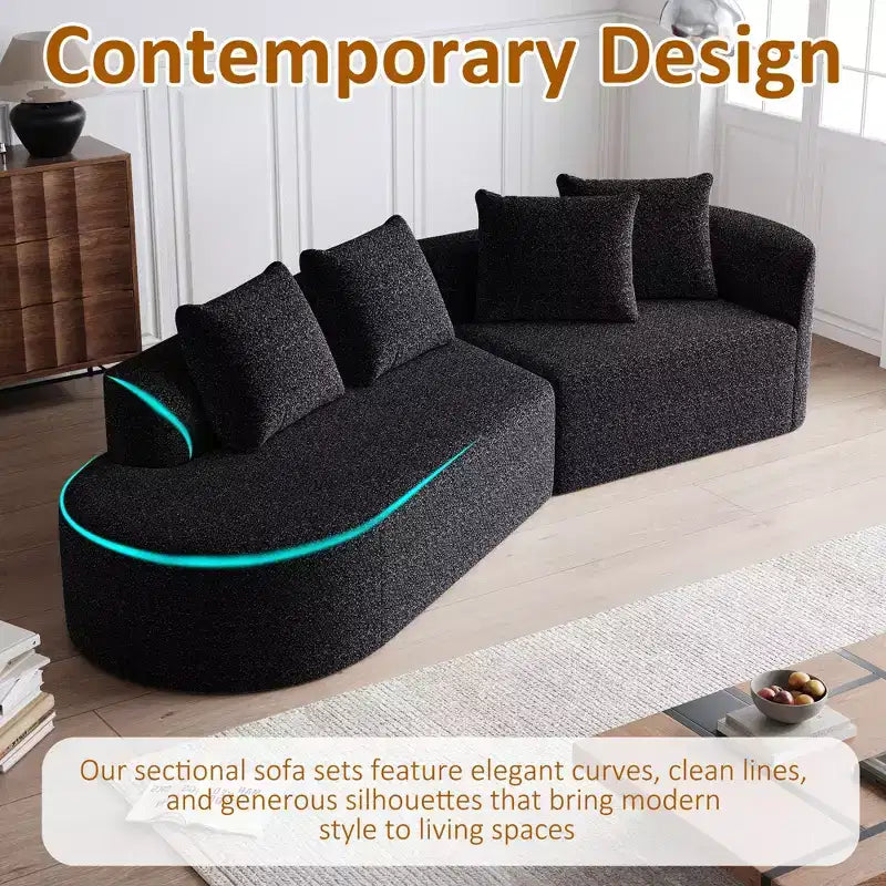 Canapé incurvé nuage 4 places extra profond avec assise large de 284 cm en chenille kaki avec 4 coussins pour salon