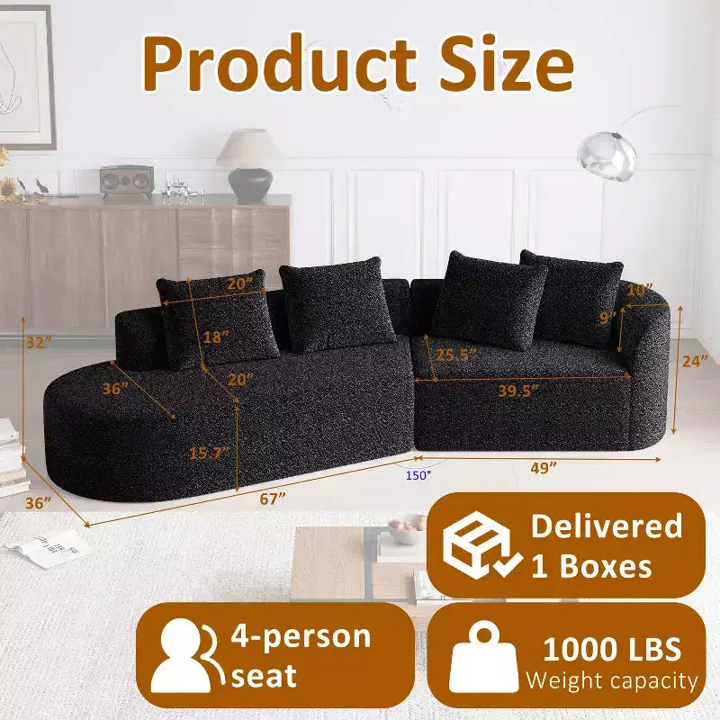 Canapé incurvé nuage 4 places extra profond avec assise large de 284 cm en chenille kaki avec 4 coussins pour salon