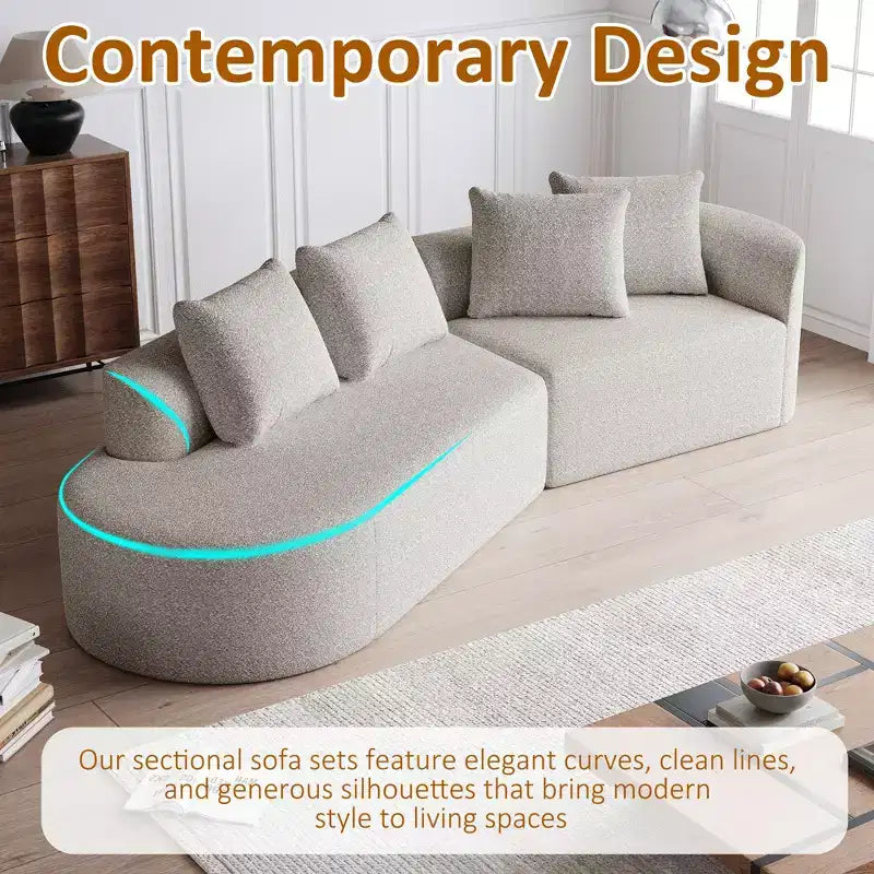 Canapé incurvé nuage 4 places extra profond avec assise large de 284 cm en chenille kaki avec 4 coussins pour salon