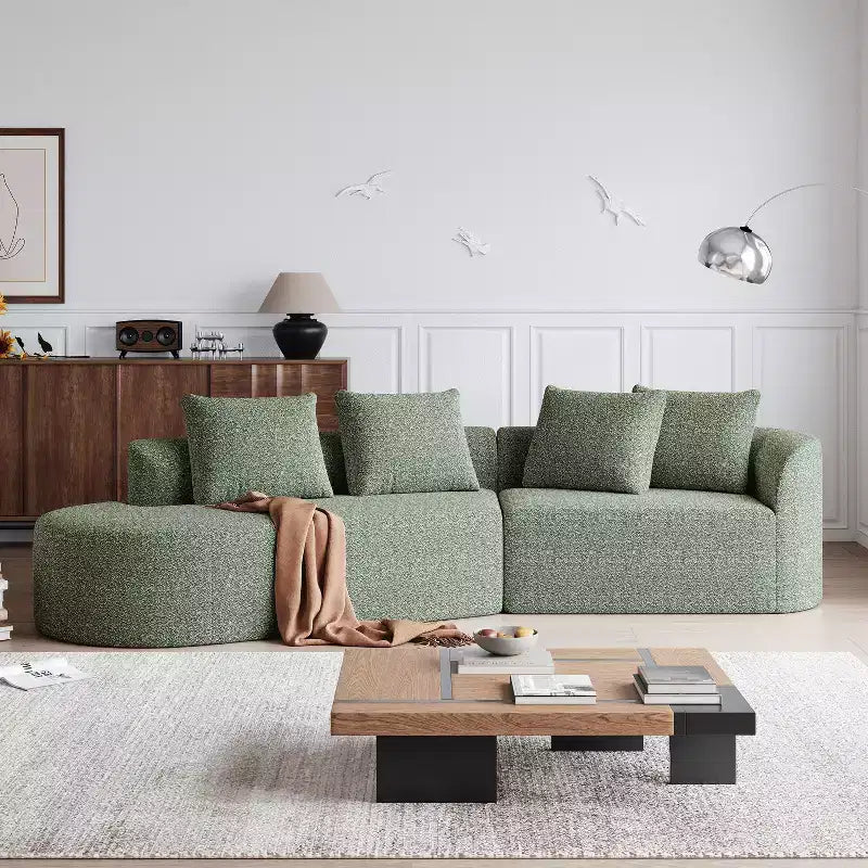 Canapé incurvé nuage 4 places extra profond avec assise large de 284 cm en chenille kaki avec 4 coussins pour salon