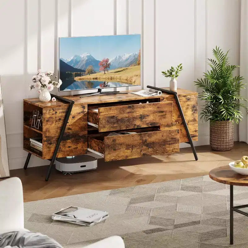 Meuble TV moderne COZONY Ascend avec étagères flottantes et cadre métallique industriel