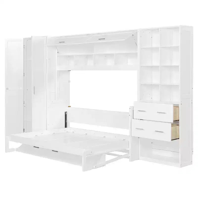 Lit escamotable mural Full/Queen avec placard, lit armoire escamotable avec tiroirs de rangement et étagères pour chambre d'amis ou bureau