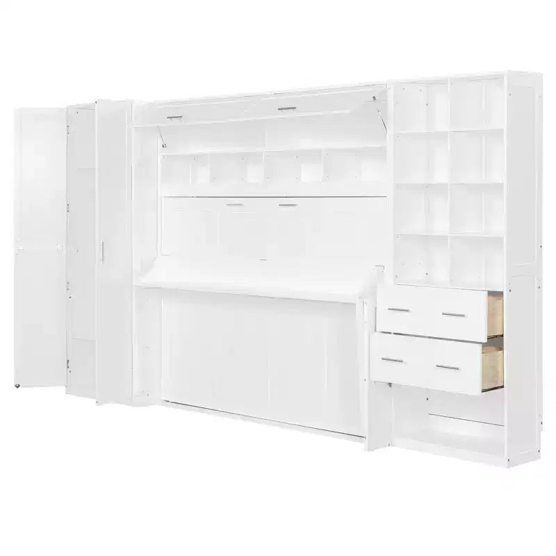 Lit escamotable mural Full/Queen avec placard, lit armoire escamotable avec tiroirs de rangement et étagères pour chambre d'amis ou bureau
