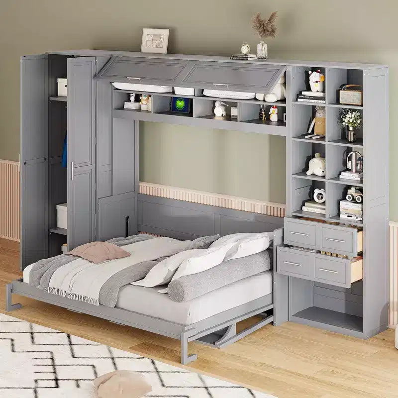 Lit escamotable mural Full/Queen avec placard, lit armoire escamotable avec tiroirs de rangement et étagères pour chambre d'amis ou bureau