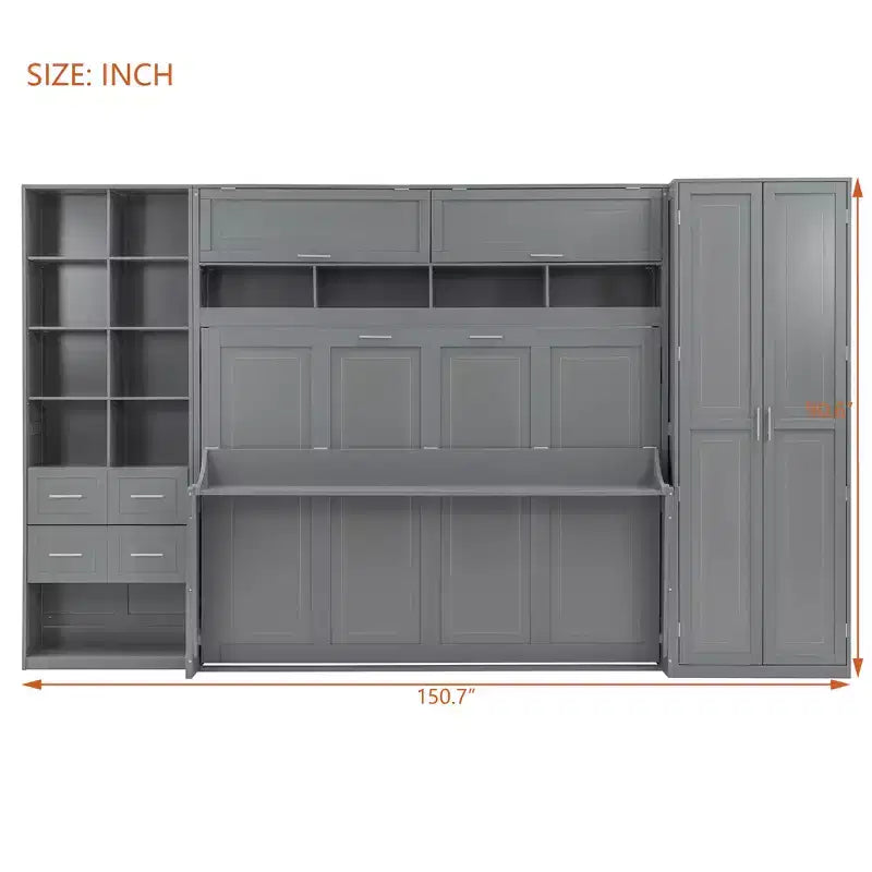 Lit escamotable mural Full/Queen avec placard, lit armoire escamotable avec tiroirs de rangement et étagères pour chambre d'amis ou bureau