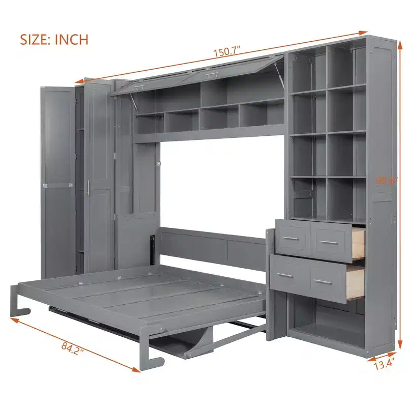Lit escamotable mural Full/Queen avec placard, lit armoire escamotable avec tiroirs de rangement et étagères pour chambre d'amis ou bureau