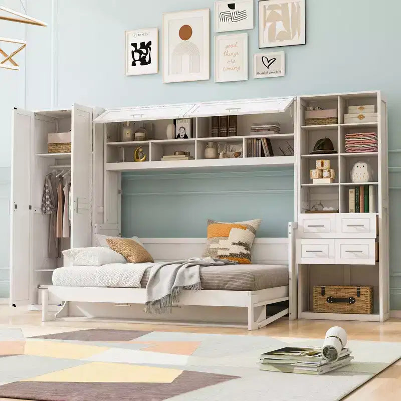 Lit escamotable mural Full/Queen avec placard, lit armoire escamotable avec tiroirs de rangement et étagères pour chambre d'amis ou bureau