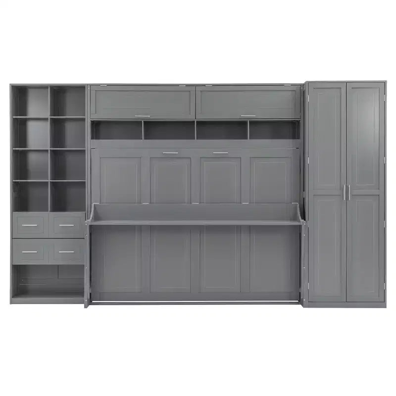 Lit escamotable mural Full/Queen avec placard, lit armoire escamotable avec tiroirs de rangement et étagères pour chambre d'amis ou bureau