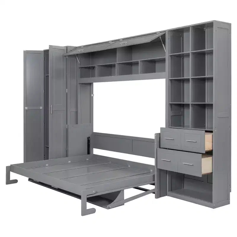 Lit escamotable mural Full/Queen avec placard, lit armoire escamotable avec tiroirs de rangement et étagères pour chambre d'amis ou bureau