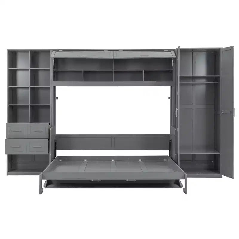Lit escamotable mural Full/Queen avec placard, lit armoire escamotable avec tiroirs de rangement et étagères pour chambre d'amis ou bureau