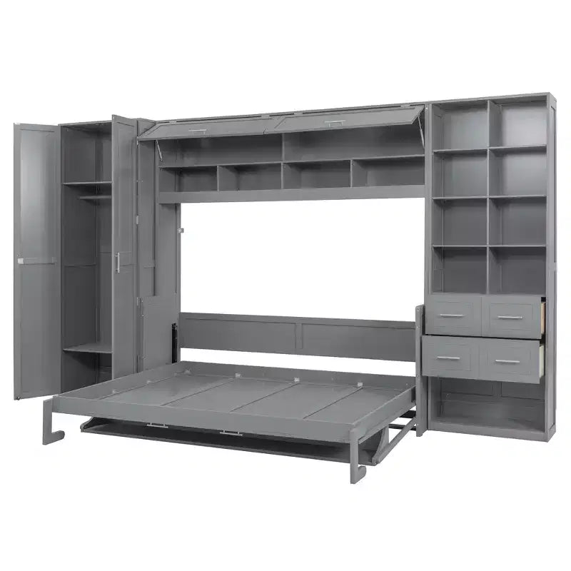 Lit escamotable mural Full/Queen avec placard, lit armoire escamotable avec tiroirs de rangement et étagères pour chambre d'amis ou bureau