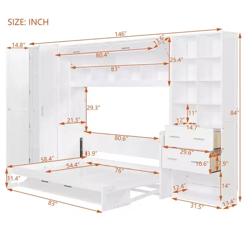 Lit escamotable mural Full/Queen avec placard, lit armoire escamotable avec tiroirs de rangement et étagères pour chambre d'amis ou bureau