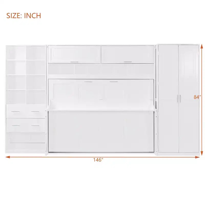 Lit escamotable mural Full/Queen avec placard, lit armoire escamotable avec tiroirs de rangement et étagères pour chambre d'amis ou bureau