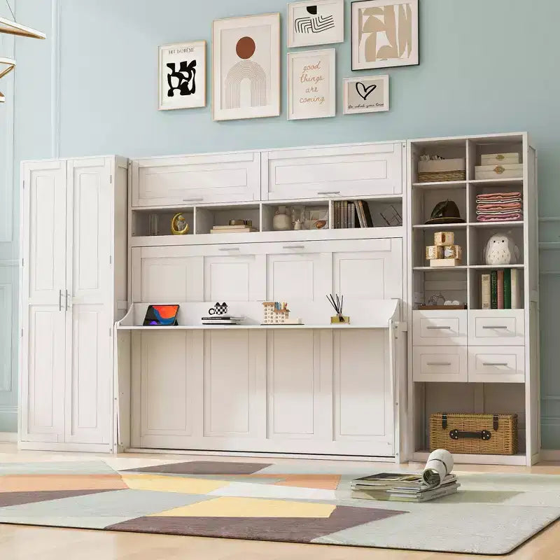 Lit escamotable mural Full/Queen avec placard, lit armoire escamotable avec tiroirs de rangement et étagères pour chambre d'amis ou bureau