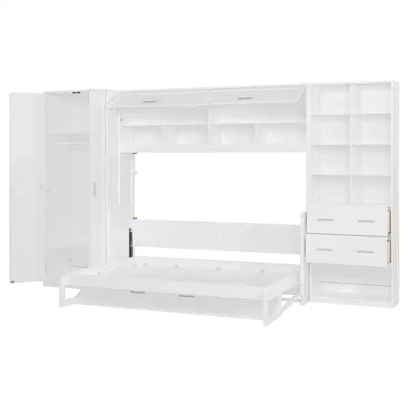 Lit escamotable mural Full/Queen avec placard, lit armoire escamotable avec tiroirs de rangement et étagères pour chambre d'amis ou bureau