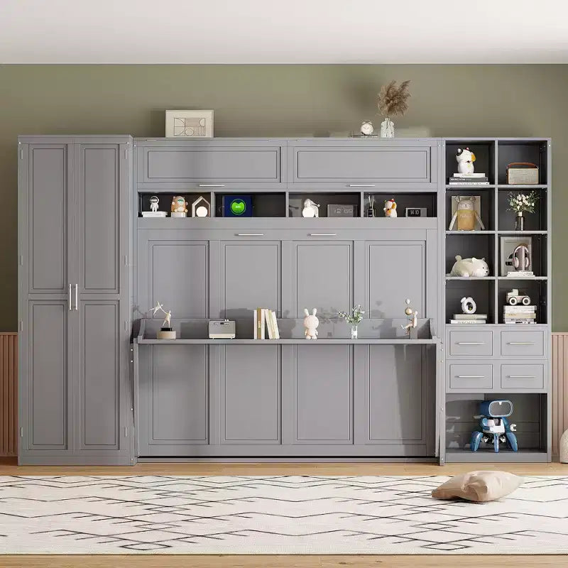 Lit escamotable mural Full/Queen avec placard, lit armoire escamotable avec tiroirs de rangement et étagères pour chambre d'amis ou bureau