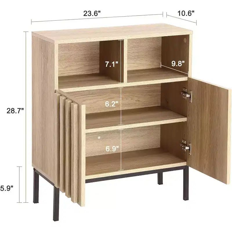 Buffet 23,6" avec portes cannelées et rangement, Buffet de salle à manger avec portes cannelées et pieds en métal