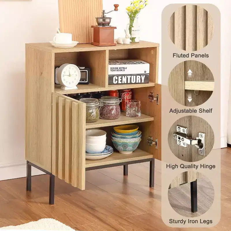 Buffet 23,6" avec portes cannelées et rangement, Buffet de salle à manger avec portes cannelées et pieds en métal