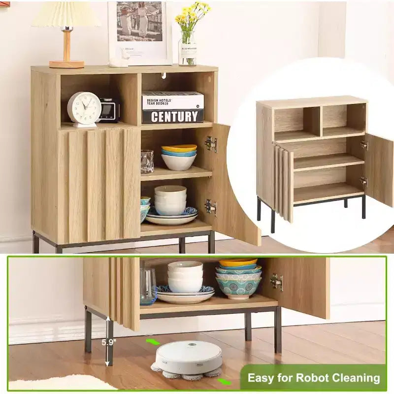 Buffet 23,6" avec portes cannelées et rangement, Buffet de salle à manger avec portes cannelées et pieds en métal