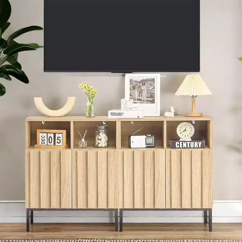 Buffet 23,6" avec portes cannelées et rangement, Buffet de salle à manger avec portes cannelées et pieds en métal