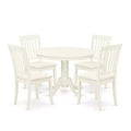 HomeStock 5-Piece Round Linen White Finish Solid Wood Top Dining table with 4 Chairs with Slat Back
