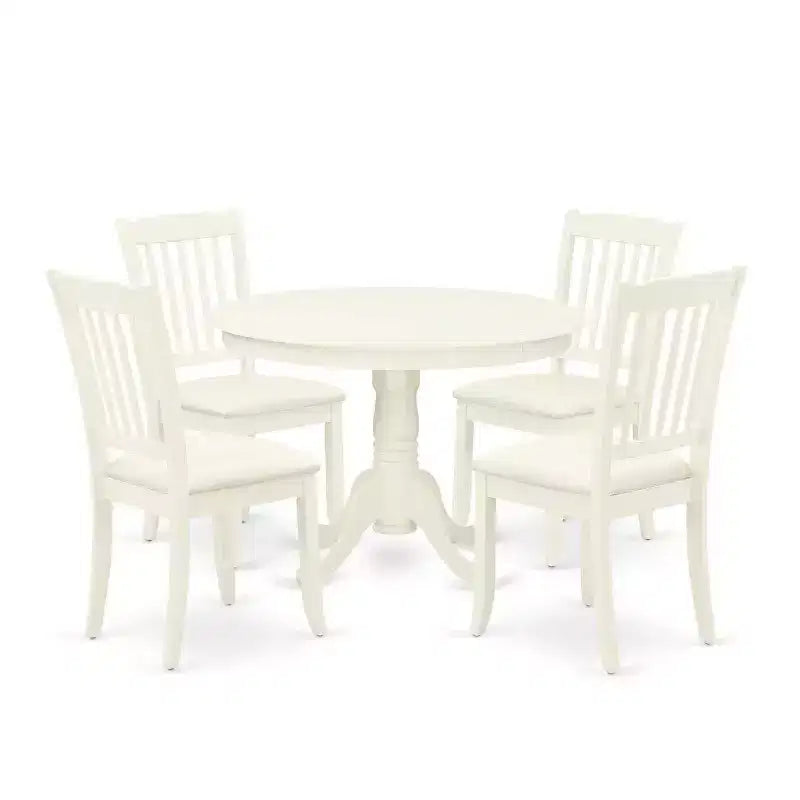 HomeStock 5-Piece Round Linen White Finish Solid Wood Top Dining table with 4 Chairs with Slat Back