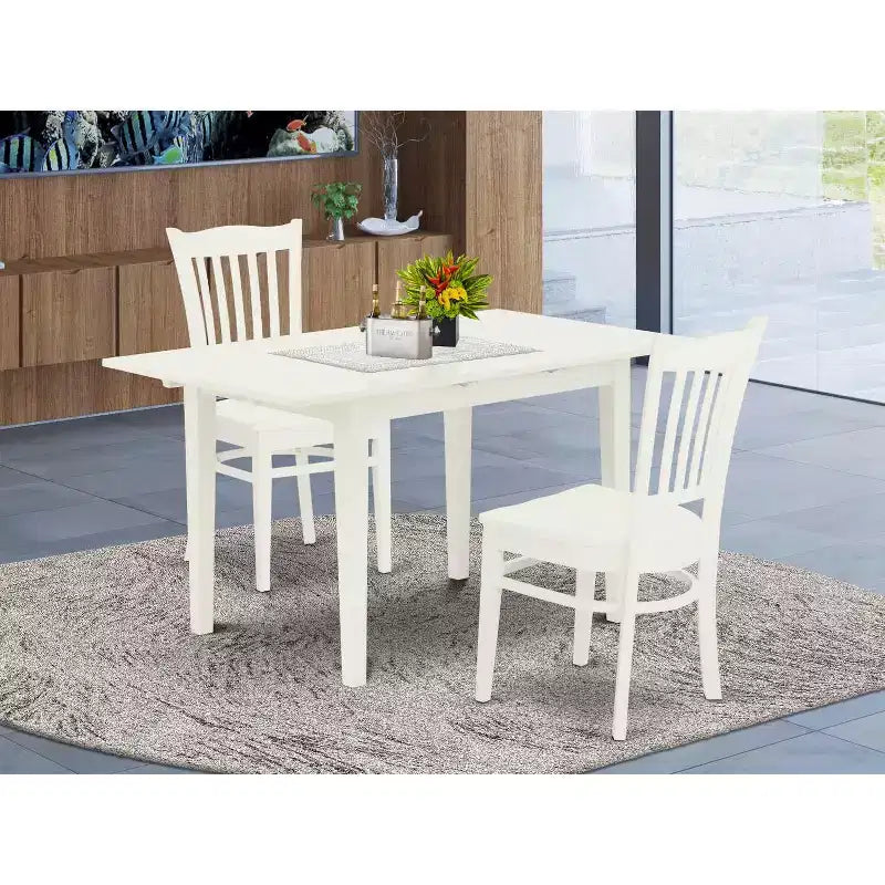 Ensemble de salle à manger 3 pièces HomeStock, dessus en bois massif rectangulaire, finition lin blanc, avec rallonge papillon