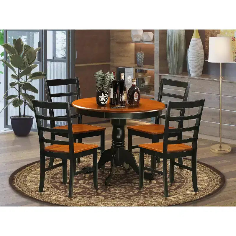 Table à manger ronde 5 pièces, plateau en bois massif finition noire avec 4 chaises