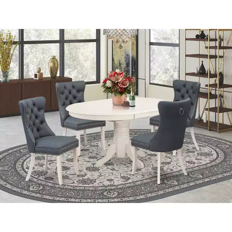 Ensemble de salle à manger moderne 5 pièces - Table ovale et 4 chaises blanches en lin