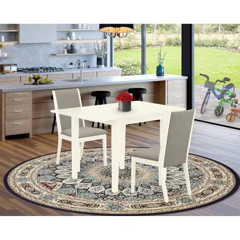 HomeStock – Ensemble de table à manger rectangulaire avec plateau en bois massif et rallonges, 3 pièces, fini blanc lin