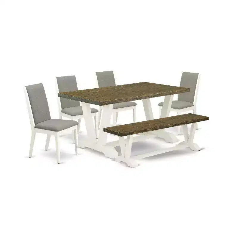 HomeStock 6-Piece Rectangle Distressed Jacobean Finish Solid Wood Top Dining Table with 1-Bench, 4-Chairs