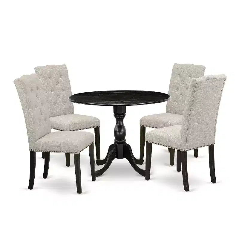 HomeStock 5-Piece Wire Brushed Black Finish Solid Wood Top Dining table with 4 Chairs with Drop Leaf Lattice Back