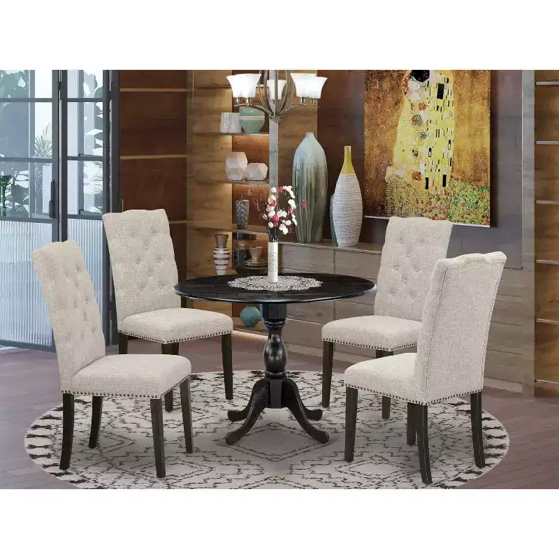 HomeStock – Table à manger en bois massif au fini noir brossé, style treillis ajouré, avec 4 chaises et rabats latéraux, 5 pièces