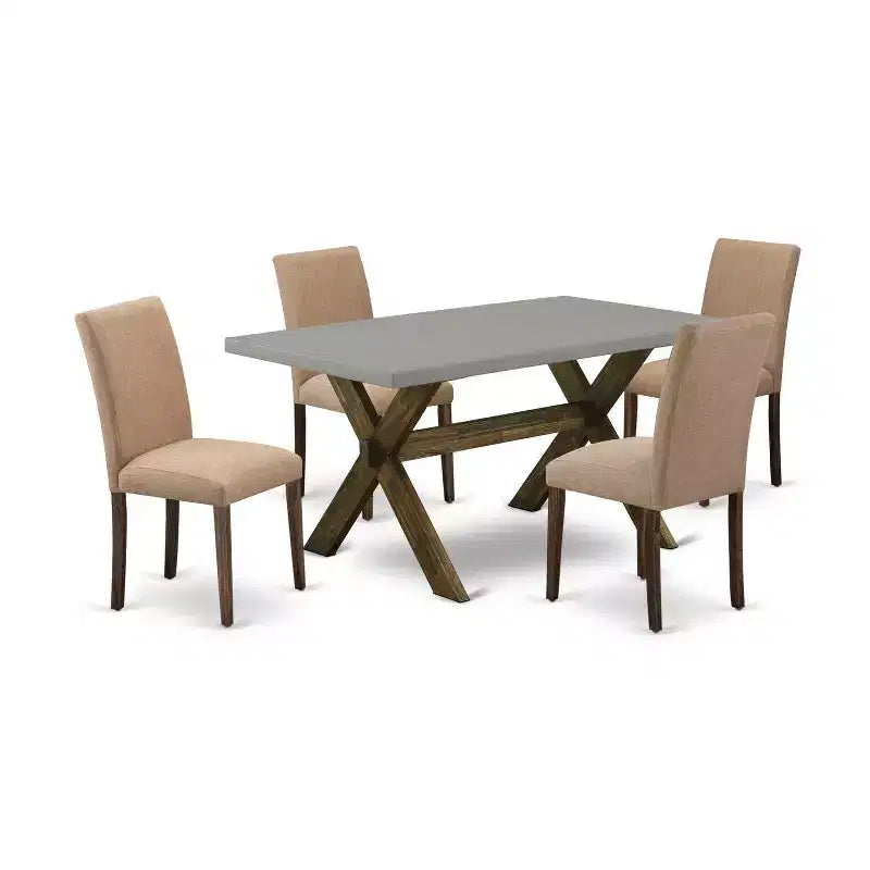 HomeStock 5-Pc Rectangle Distressed Jacobean Finish Solid Wood Top Dining Table with 4-Upholstered Chairs