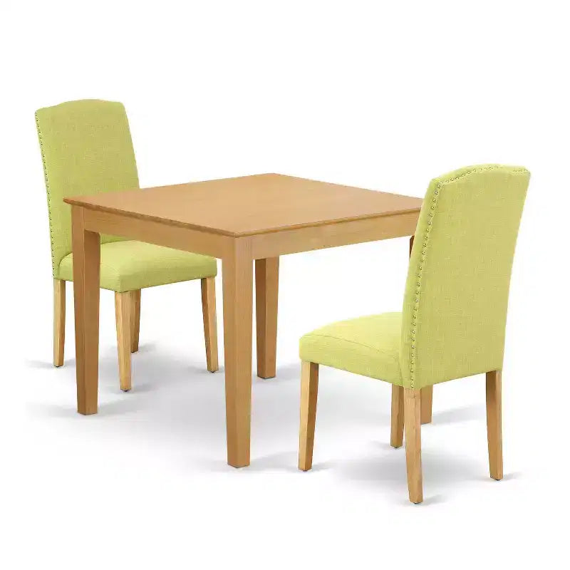 Rustic Dining Set 3Pc Square Table & 2 Parson Chairs - Oak Legs, Linen Fabric - HomeStock
