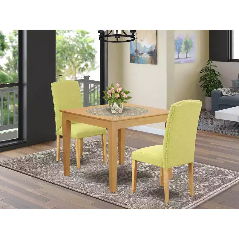 Ensemble de salle à manger rustique 3 pièces Table carrée et 2 chaises Parson - Pieds en chêne, tissu en lin - HomeStock