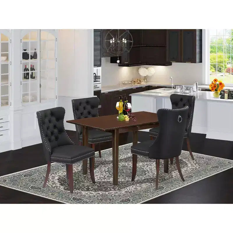 Ensemble de salle à manger rectangulaire 5 pièces en bois massif finition acajou, avec dessus de table et chaises rembourrées – 4 places